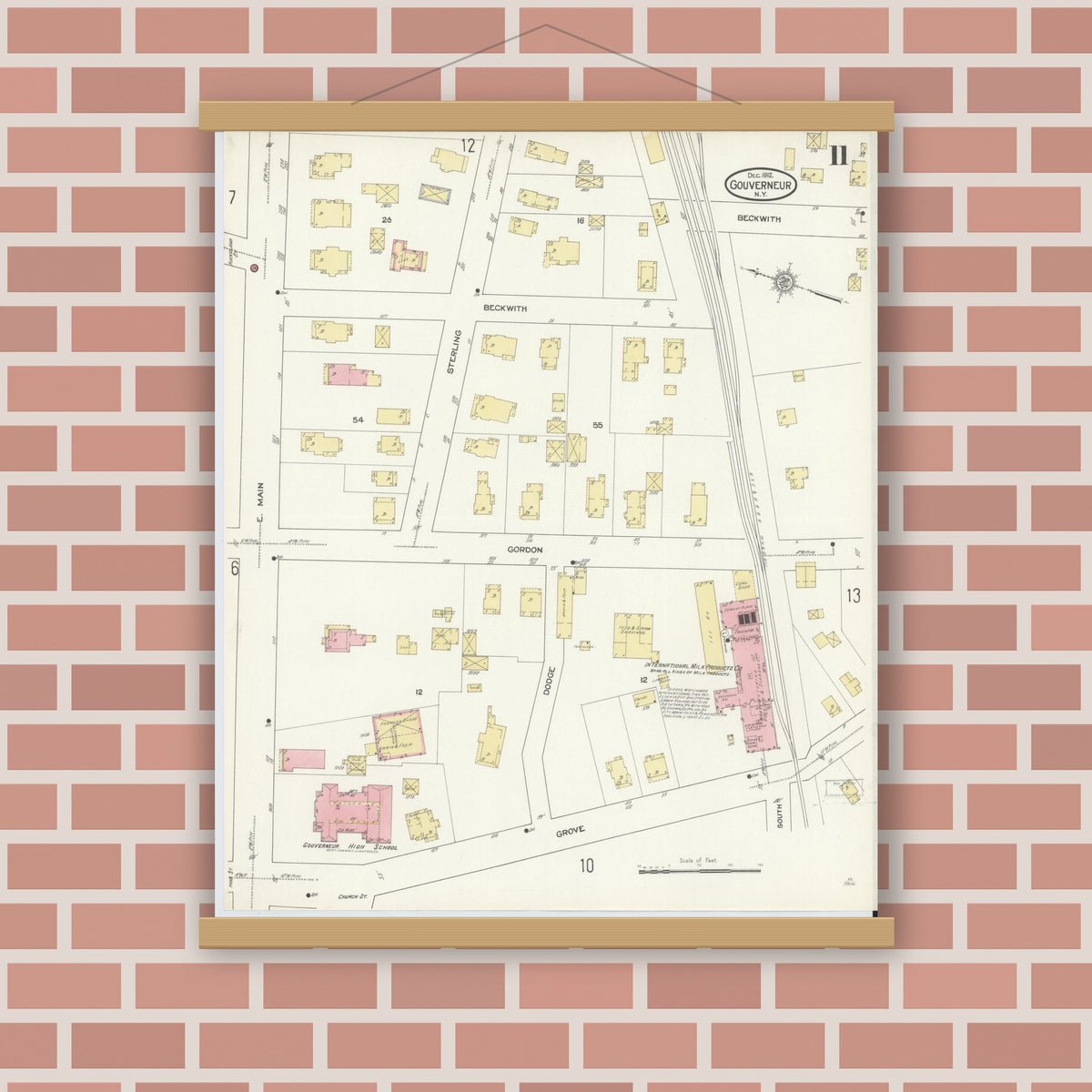Old map wall art mockup — magnetic wood frame on brick wall — Sanborn Fire Insurance Map from Gouverneur, Saint Lawrence County, New York (1912), Sheet #0011