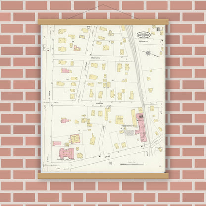 Old map wall art mockup — magnetic wood frame on brick wall — Sanborn Fire Insurance Map from Gouverneur, Saint Lawrence County, New York (1912), Sheet #0011