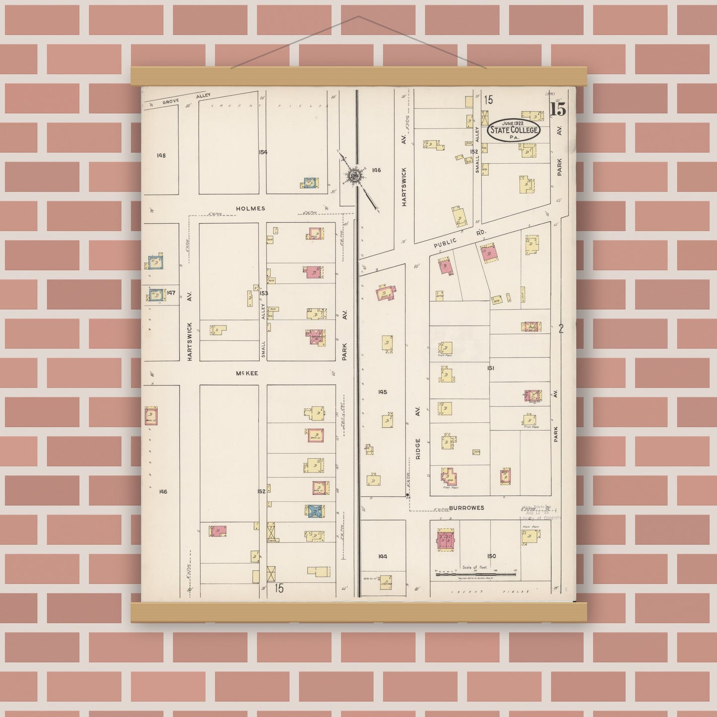 Old map wall art mockup — magnetic wood frame on brick wall — Sanborn Fire Insurance Map from State College, Centre County, Pennsylvania (1922), Sheet #0015
