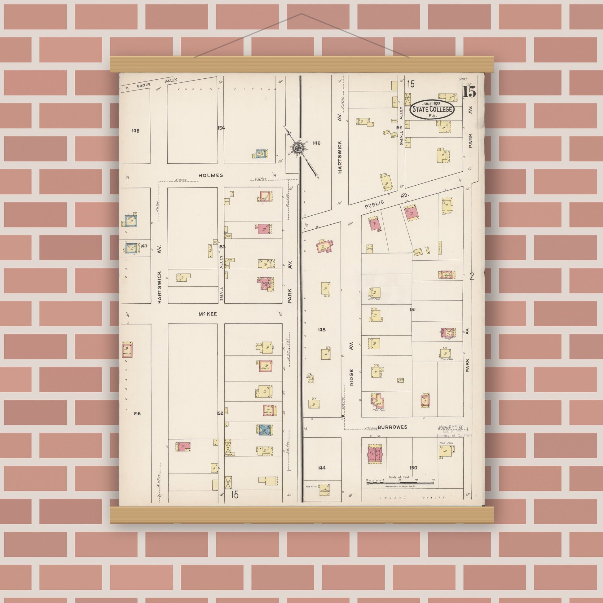 Old map wall art mockup — magnetic wood frame on brick wall — Sanborn Fire Insurance Map from State College, Centre County, Pennsylvania (1922), Sheet #0015