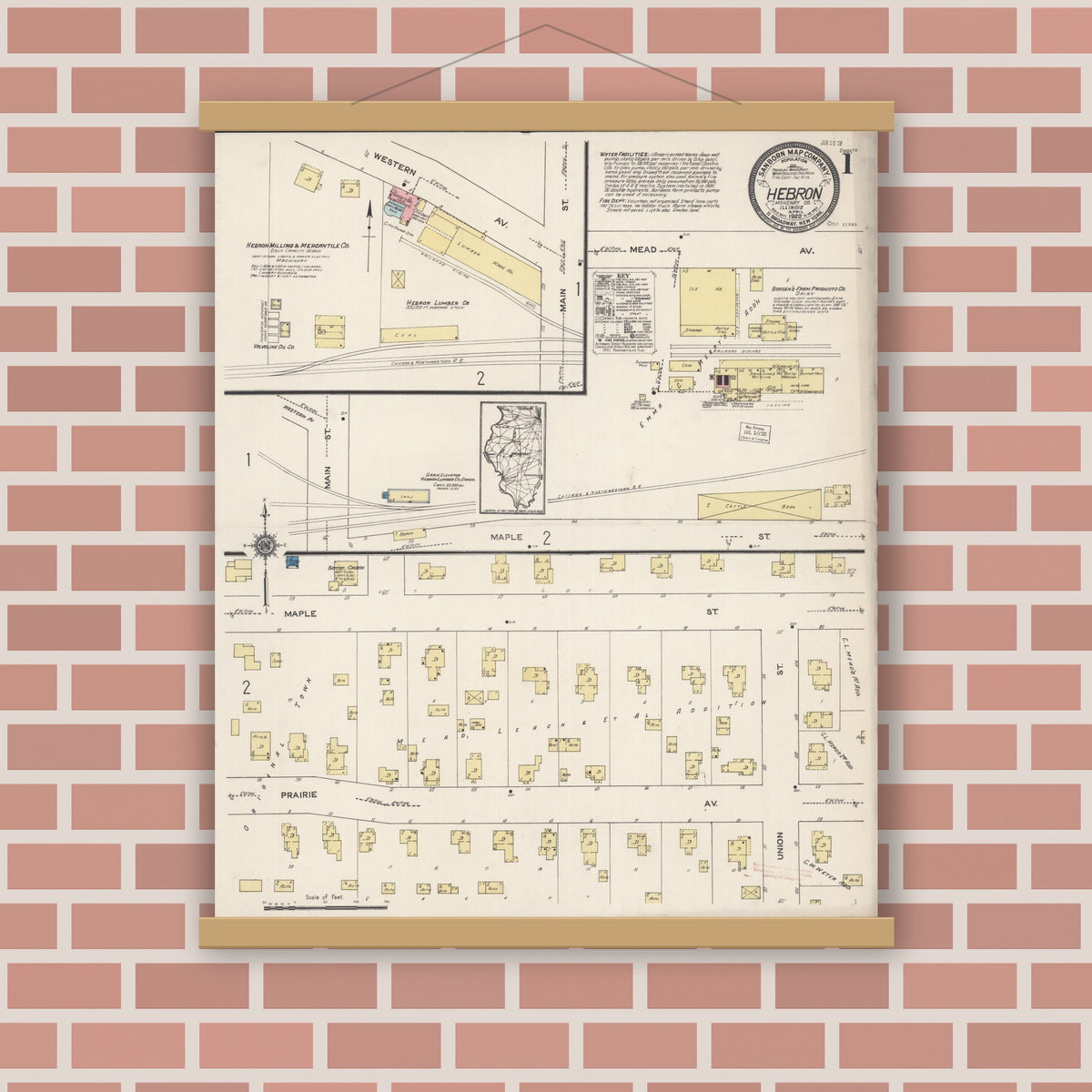 Old map wall art mockup — magnetic wood frame on brick wall — Sanborn Fire Insurance Map from Hebron, McHenry County, Illinois (1922) - Complete Map Set