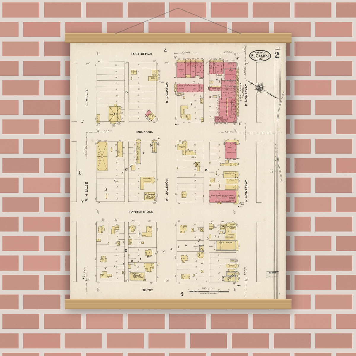 Old map wall art mockup — magnetic wood frame on brick wall — Sanborn Fire Insurance Map from El Campo, Wharton County, Texas (1922), Sheet #0002