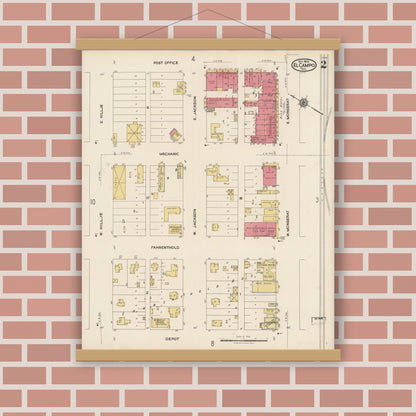 Old map wall art mockup — magnetic wood frame on brick wall — Sanborn Fire Insurance Map from El Campo, Wharton County, Texas (1922), Sheet #0002