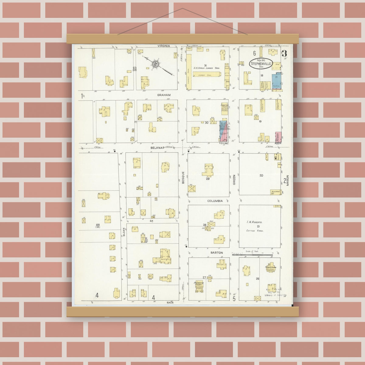 Old map wall art mockup — magnetic wood frame on brick wall — Sanborn Fire Insurance Map from Stephenville, Erath County, Texas (1912), Sheet #0003