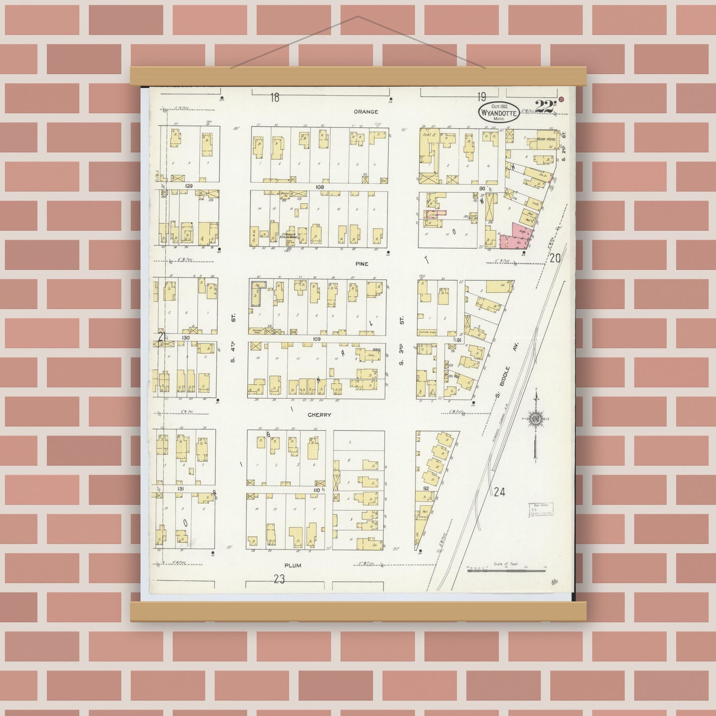 Old map wall art mockup — magnetic wood frame on brick wall — Sanborn Fire Insurance Map from Wyandotte, Wayne County, Michigan (1912), Sheet #0022