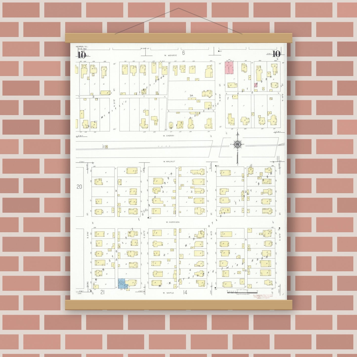 Old map wall art mockup — magnetic wood frame on brick wall — Sanborn Fire Insurance Map from Herrin, Williamson County, Illinois (1941), Sheet #0010