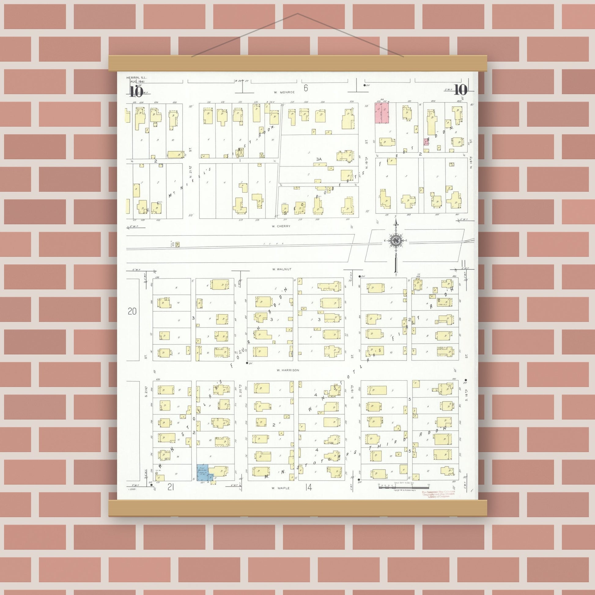 Old map wall art mockup — magnetic wood frame on brick wall — Sanborn Fire Insurance Map from Herrin, Williamson County, Illinois (1941), Sheet #0010