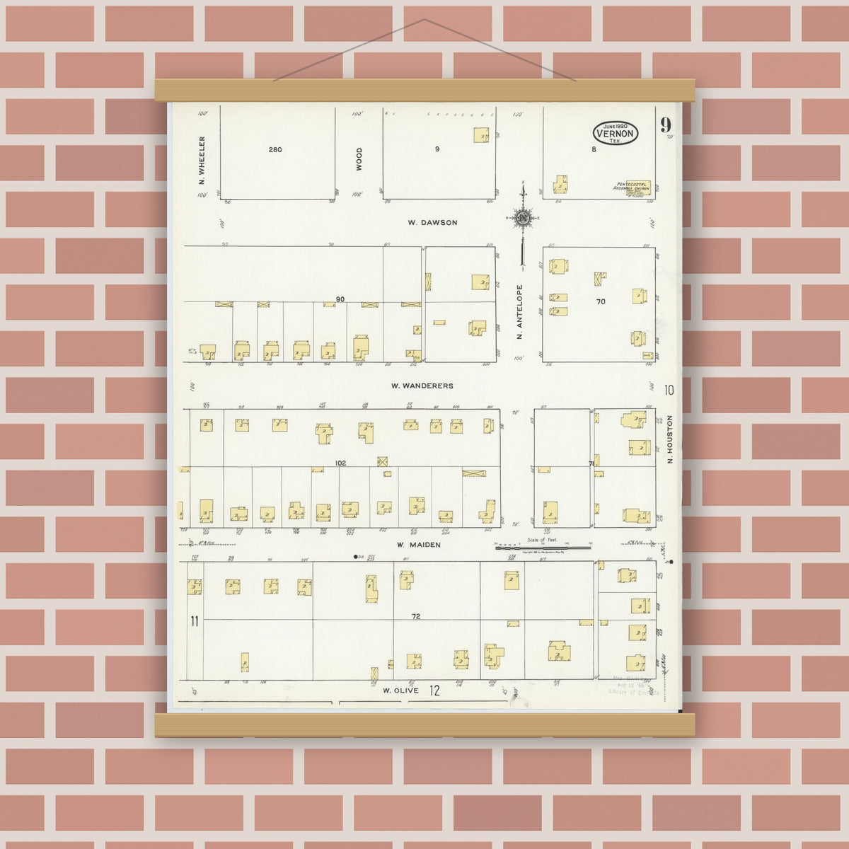 Old map wall art mockup — magnetic wood frame on brick wall — Sanborn Fire Insurance Map from Vernon, Wilbarger County, Texas (1920), Sheet #0009