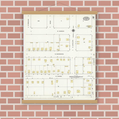 Old map wall art mockup — magnetic wood frame on brick wall — Sanborn Fire Insurance Map from Vernon, Wilbarger County, Texas (1920), Sheet #0009