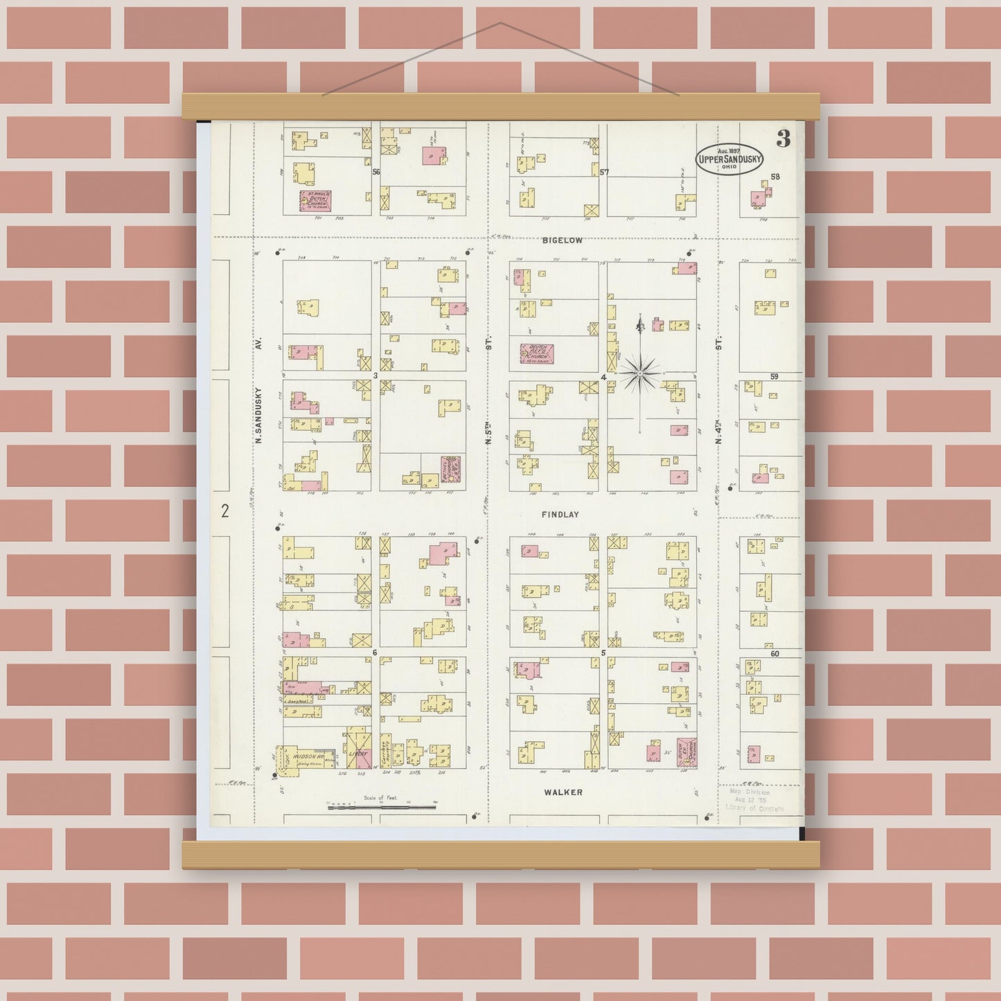 Old map wall art mockup — magnetic wood frame on brick wall — Sanborn Fire Insurance Map from Upper Sandusky, Wyandot County, Ohio (1897), Sheet #0003