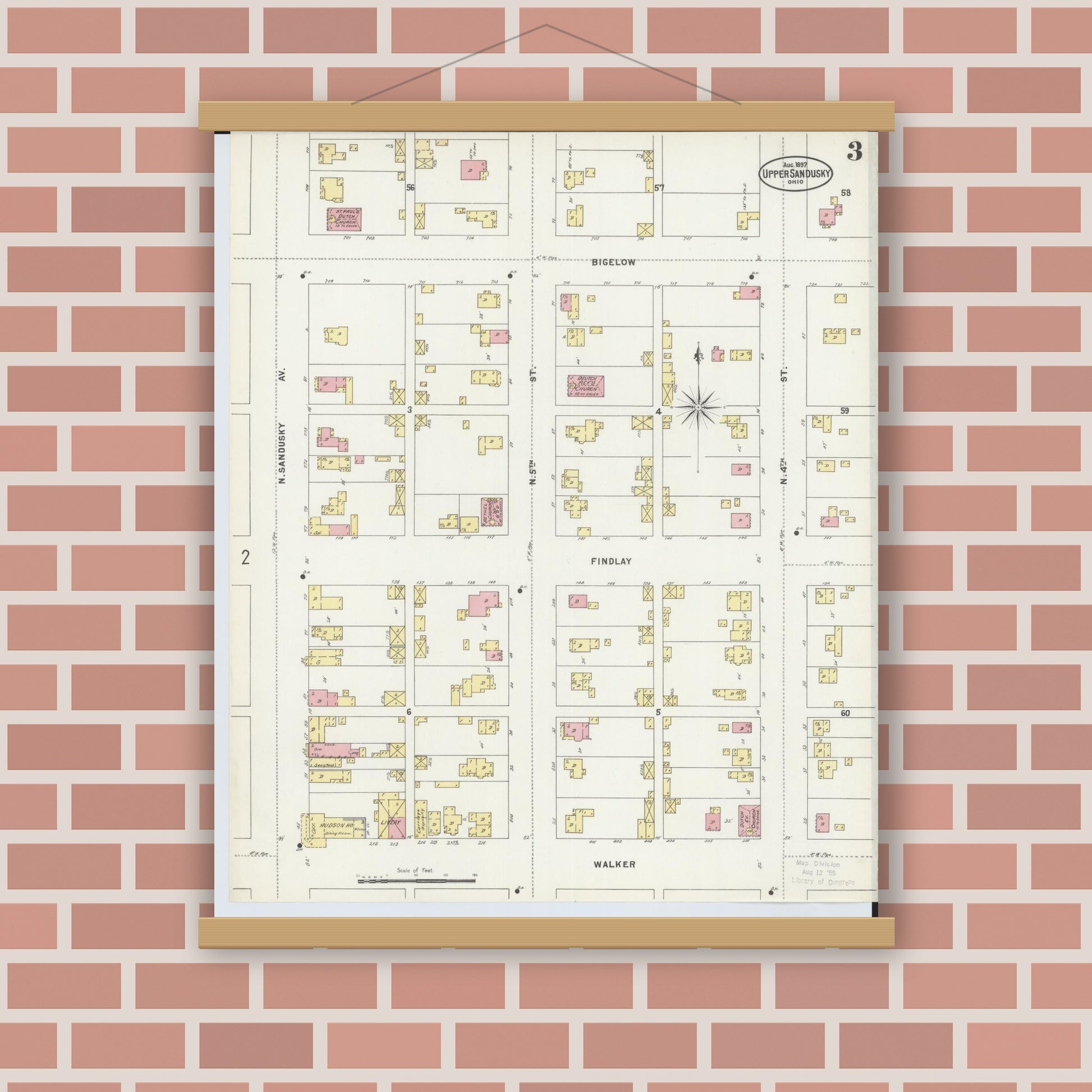 Old map wall art mockup — magnetic wood frame on brick wall — Sanborn Fire Insurance Map from Upper Sandusky, Wyandot County, Ohio (1897), Sheet #0003