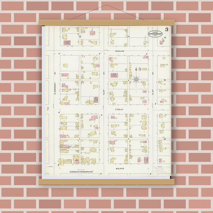 Old map wall art mockup — magnetic wood frame on brick wall — Sanborn Fire Insurance Map from Upper Sandusky, Wyandot County, Ohio (1897), Sheet #0003