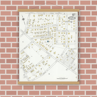 Old map wall art mockup — magnetic wood frame on brick wall — Sanborn Fire Insurance Map from Rockville Centre, Nassau County, New York (1919), Sheet #0012