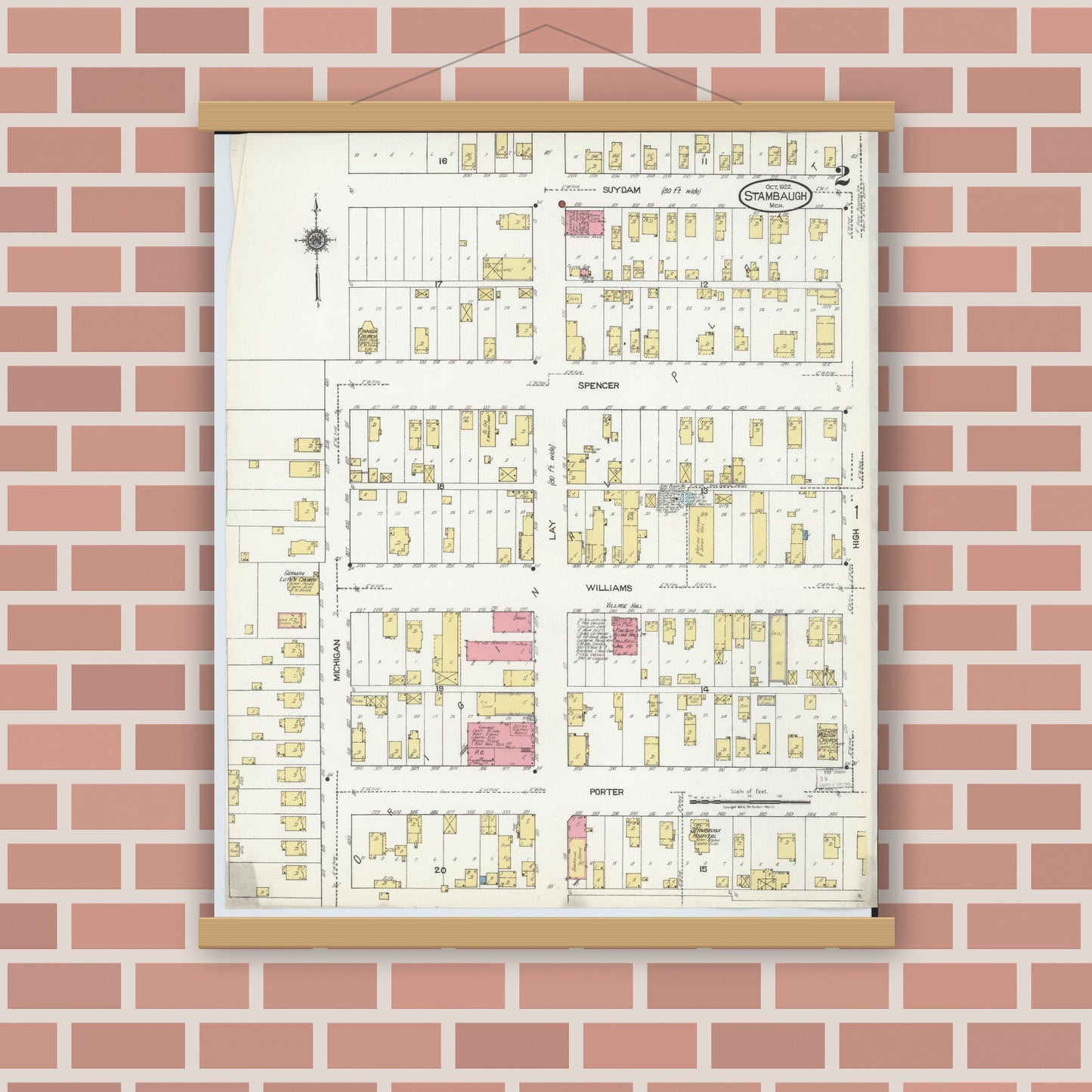Old map wall art mockup — magnetic wood frame on brick wall — Sanborn Fire Insurance Map from Stambaugh, Iron County, Michigan (1922), Sheet #0002