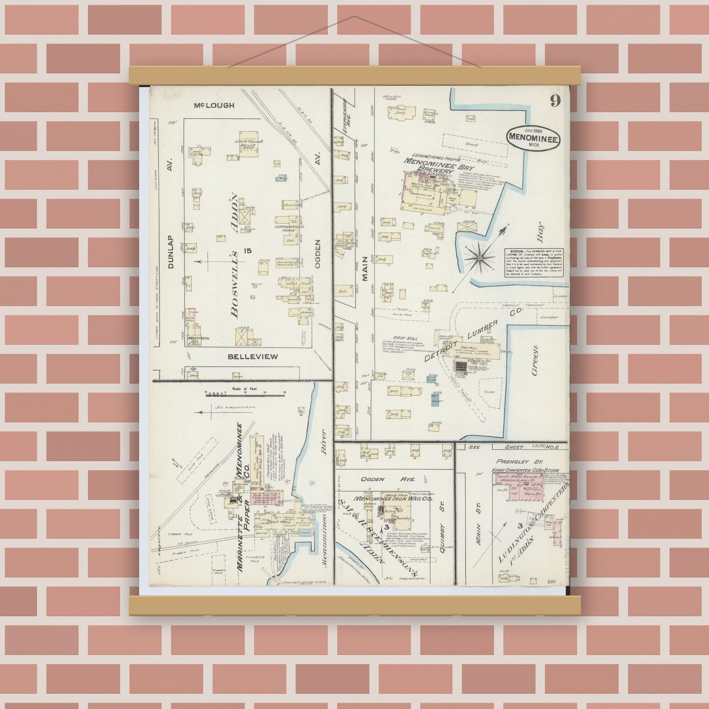 Old map wall art mockup — magnetic wood frame on brick wall — Sanborn Fire Insurance Map from Menominee, Menominee County, Michigan (1884), Sheet #0009