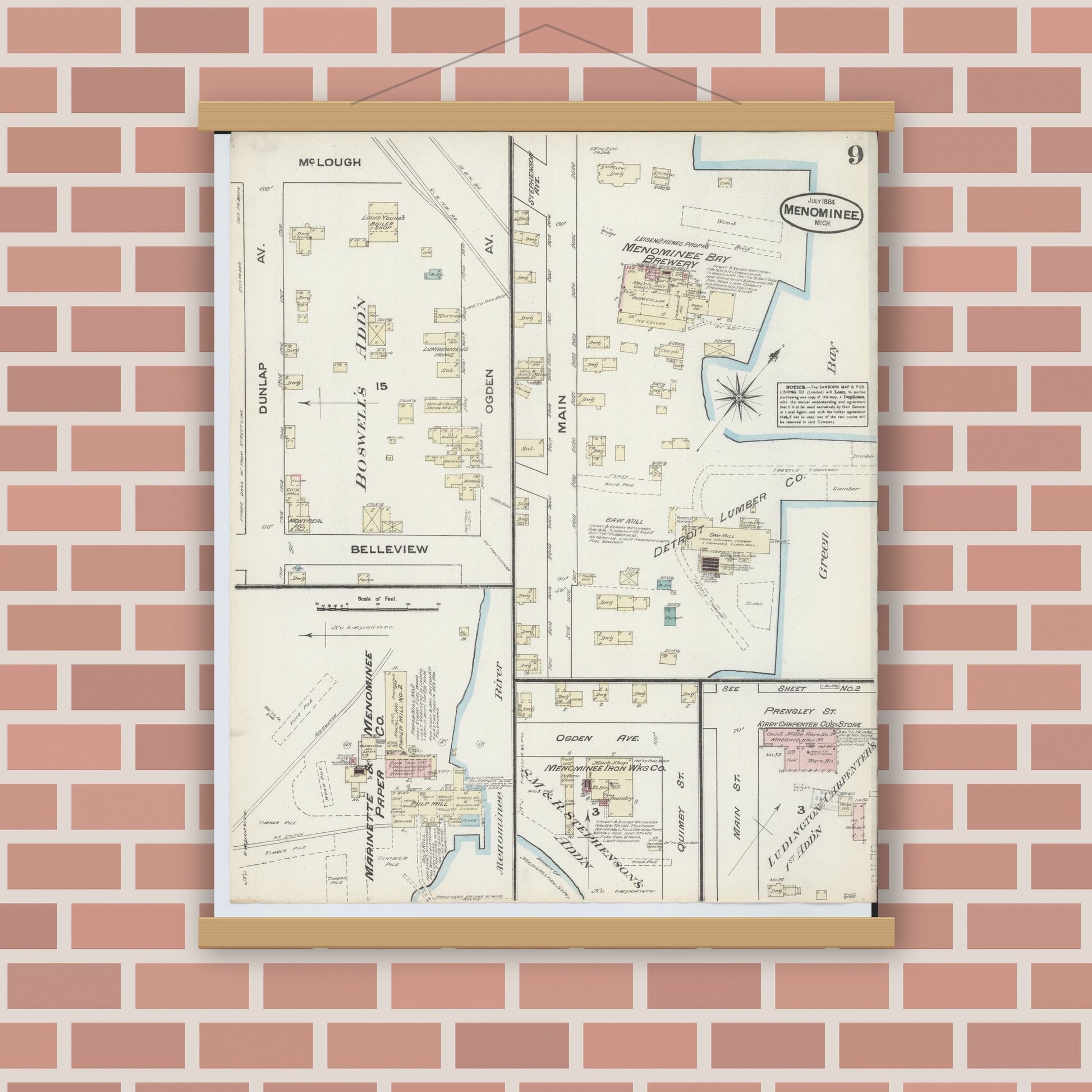 Old map wall art mockup — magnetic wood frame on brick wall — Sanborn Fire Insurance Map from Menominee, Menominee County, Michigan (1884), Sheet #0009