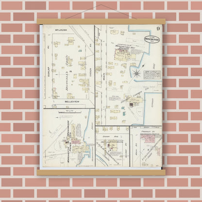 Old map wall art mockup — magnetic wood frame on brick wall — Sanborn Fire Insurance Map from Menominee, Menominee County, Michigan (1884), Sheet #0009