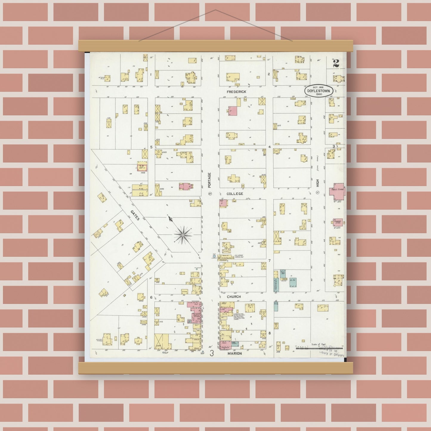Old map wall art mockup — magnetic wood frame on brick wall — Sanborn Fire Insurance Map from Doylestown, Wayne County, Ohio (1902), Sheet #0002