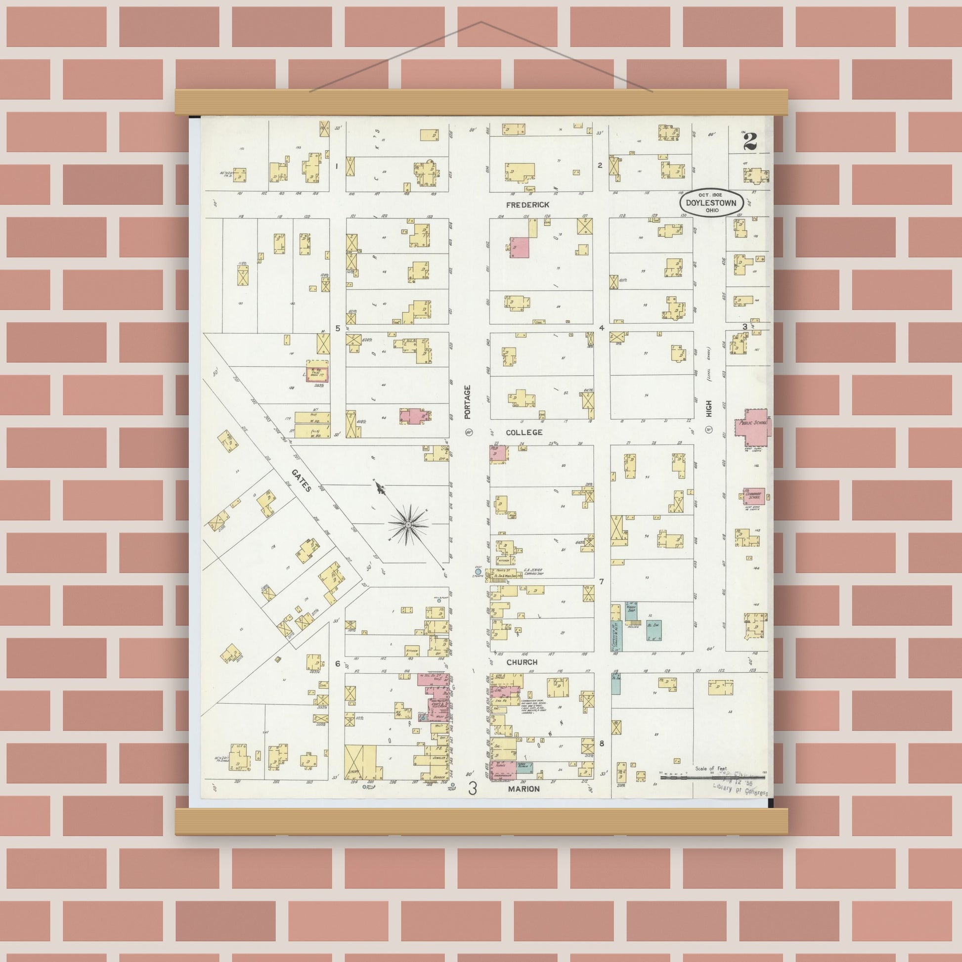 Old map wall art mockup — magnetic wood frame on brick wall — Sanborn Fire Insurance Map from Doylestown, Wayne County, Ohio (1902), Sheet #0002