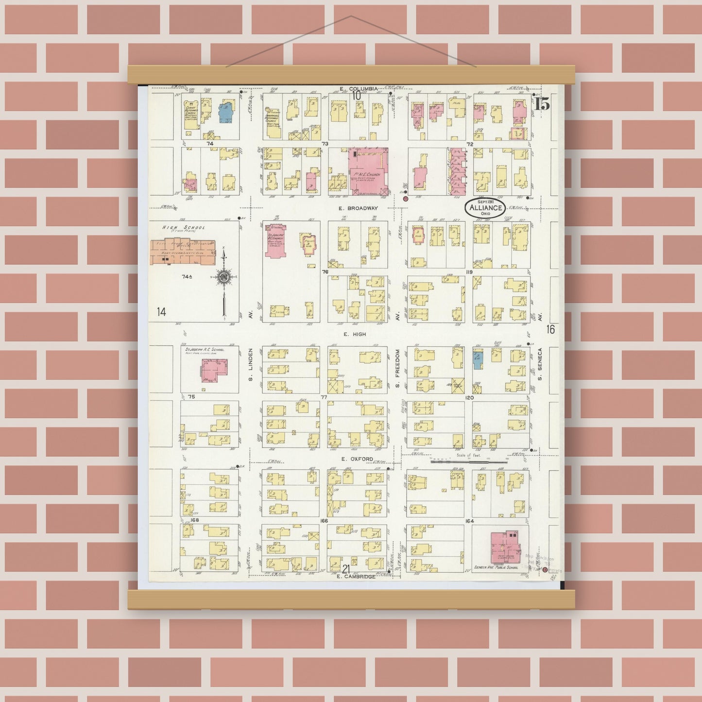 Old map wall art mockup — magnetic wood frame on brick wall — Sanborn Fire Insurance Map from Alliance, Stark County, Ohio (1911), Sheet #0015