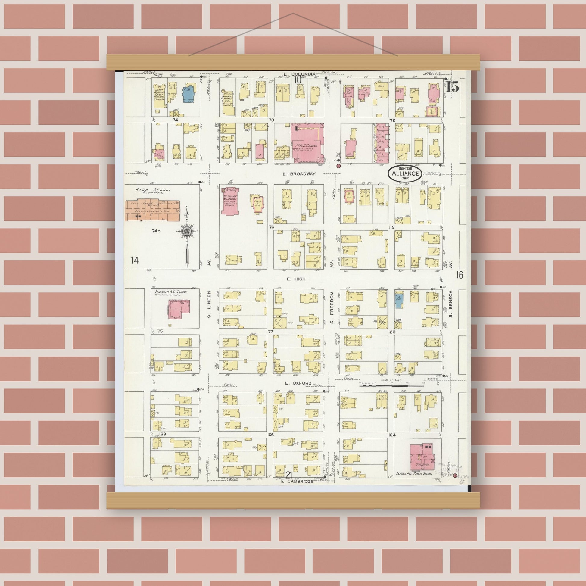 Old map wall art mockup — magnetic wood frame on brick wall — Sanborn Fire Insurance Map from Alliance, Stark County, Ohio (1911), Sheet #0015
