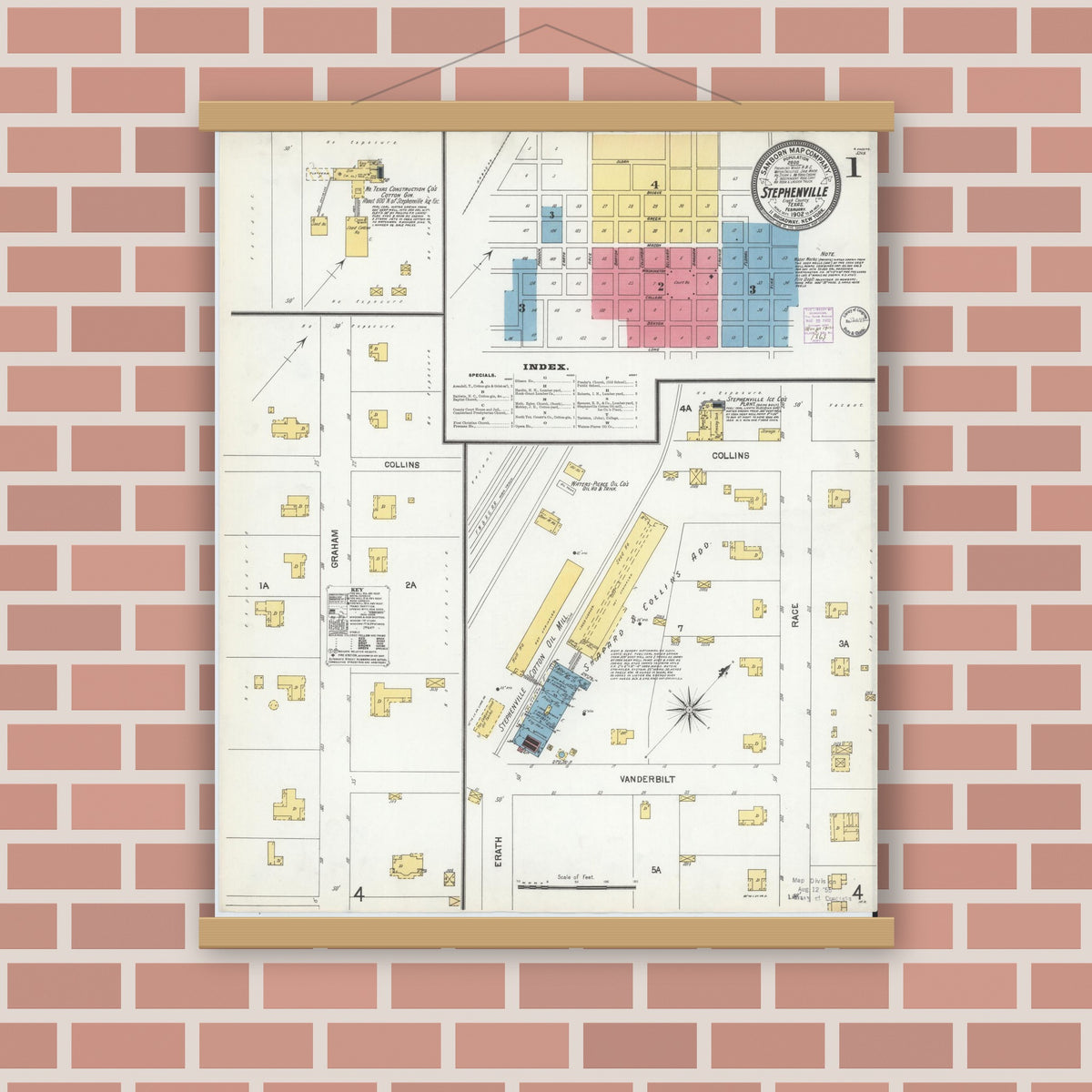 Old map wall art mockup — magnetic wood frame on brick wall — Sanborn Fire Insurance Map from Stephenville, Erath County, Texas (1902) - Complete Map Set