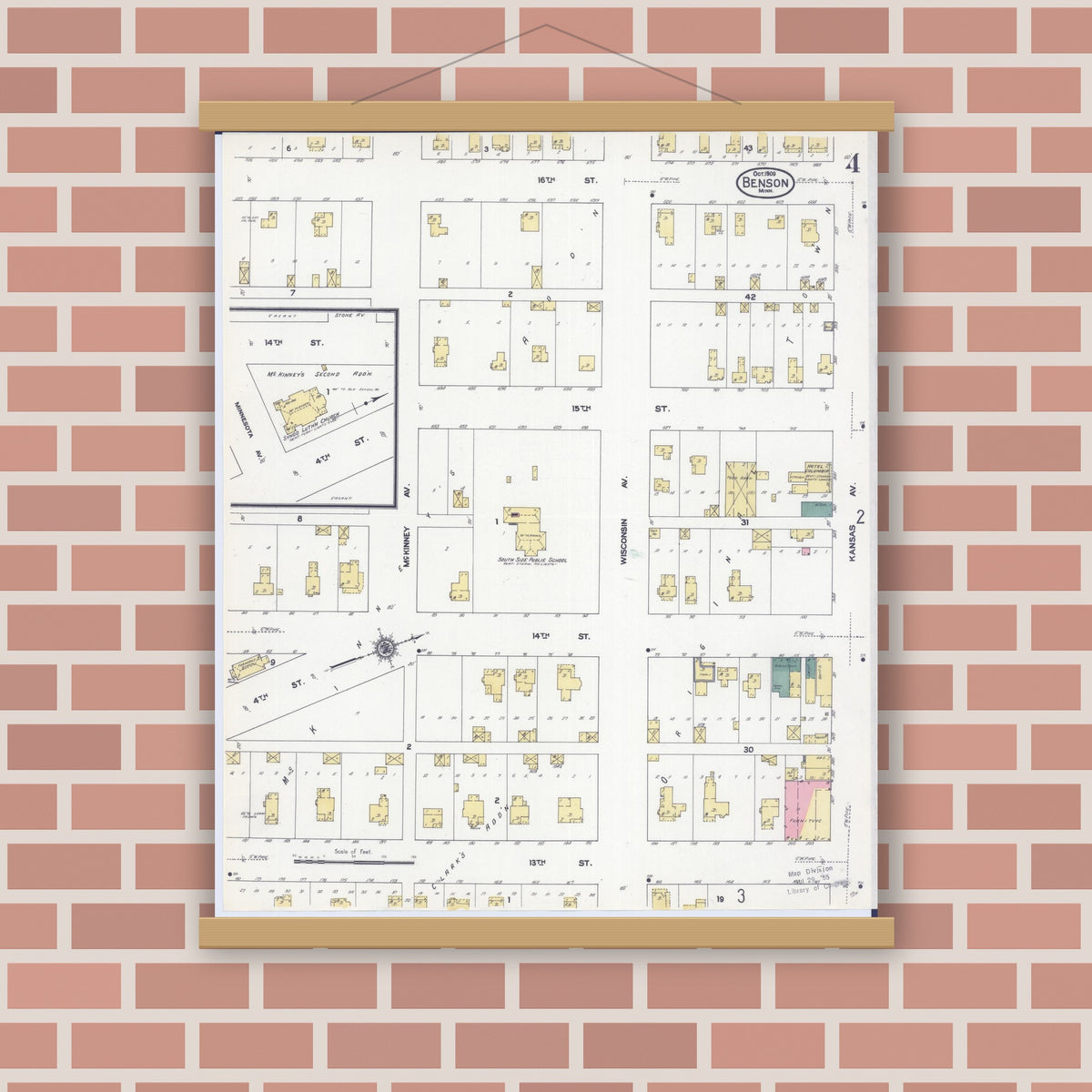 Old map wall art mockup — magnetic wood frame on brick wall — Sanborn Fire Insurance Map from Benson, Swift County, Minnesota (1909), Sheet #0004