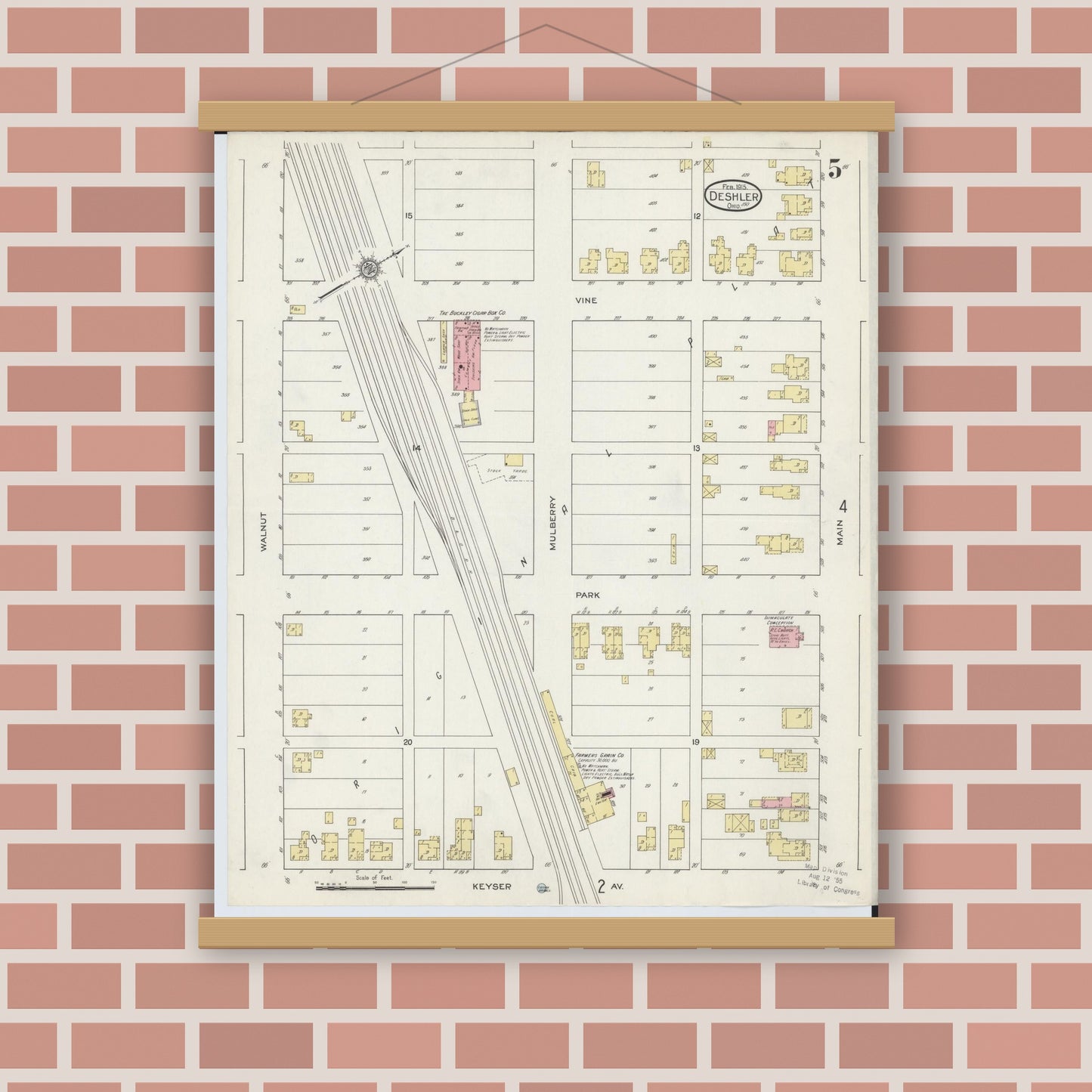 Old map wall art mockup — magnetic wood frame on brick wall — Sanborn Fire Insurance Map from Deshler, Henry County, Ohio (1915), Sheet #0005