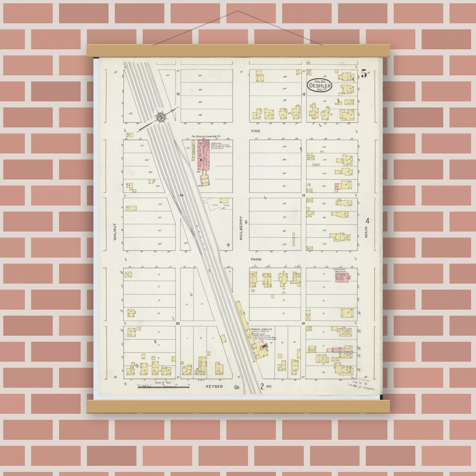 Old map wall art mockup — magnetic wood frame on brick wall — Sanborn Fire Insurance Map from Deshler, Henry County, Ohio (1915), Sheet #0005