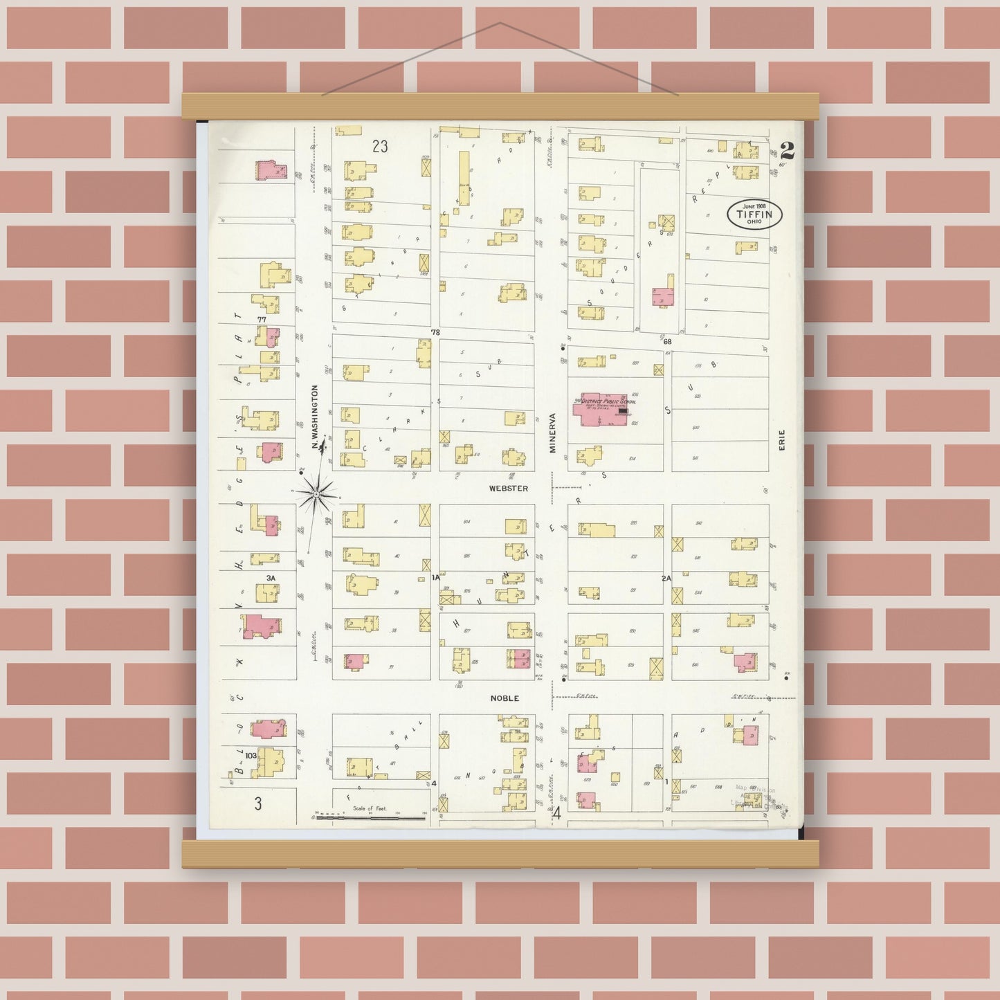 Old map wall art mockup — magnetic wood frame on brick wall — Sanborn Fire Insurance Map from Tiffin, Seneca County, Ohio (1908), Sheet #0002