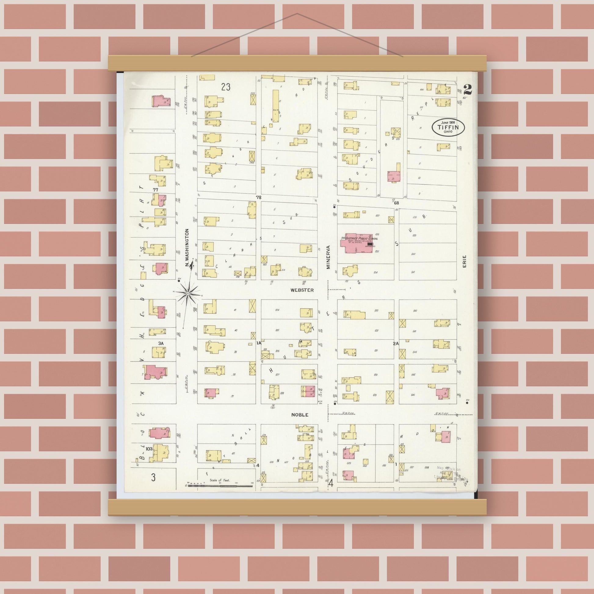 Old map wall art mockup — magnetic wood frame on brick wall — Sanborn Fire Insurance Map from Tiffin, Seneca County, Ohio (1908), Sheet #0002