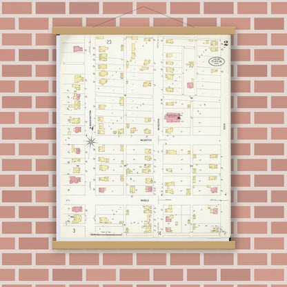 Old map wall art mockup — magnetic wood frame on brick wall — Sanborn Fire Insurance Map from Tiffin, Seneca County, Ohio (1908), Sheet #0002