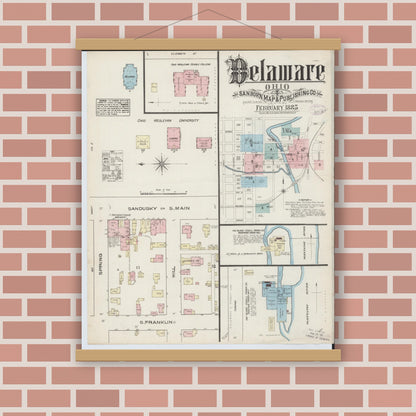 Old map wall art mockup — magnetic wood frame on brick wall — Sanborn Fire Insurance Map from Delaware, Delaware County, Ohio (1885) - Complete Map Set
