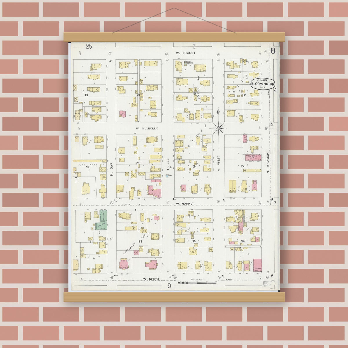 Old map wall art mockup — magnetic wood frame on brick wall — Sanborn Fire Insurance Map from Bloomington, McLean County, Illinois (1896), Sheet #0006