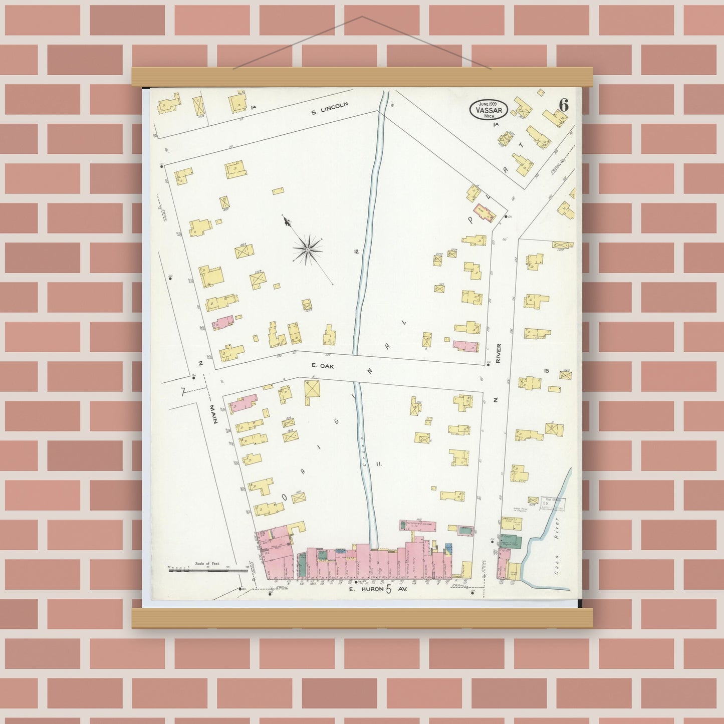 Old map wall art mockup — magnetic wood frame on brick wall — Sanborn Fire Insurance Map from Vassar, Tuscola County, Michigan (1909), Sheet #0006