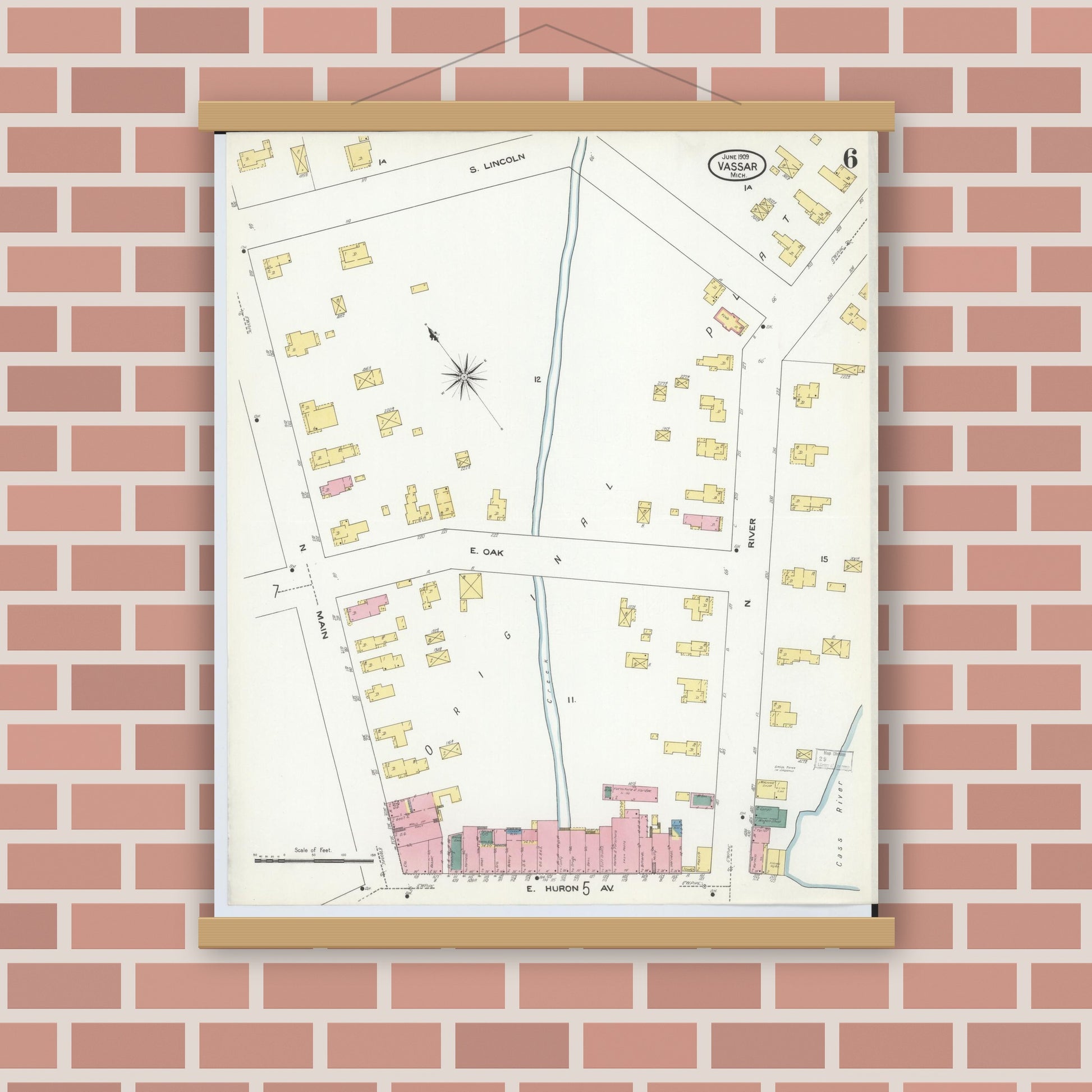 Old map wall art mockup — magnetic wood frame on brick wall — Sanborn Fire Insurance Map from Vassar, Tuscola County, Michigan (1909), Sheet #0006