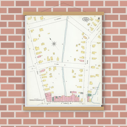 Old map wall art mockup — magnetic wood frame on brick wall — Sanborn Fire Insurance Map from Vassar, Tuscola County, Michigan (1909), Sheet #0006