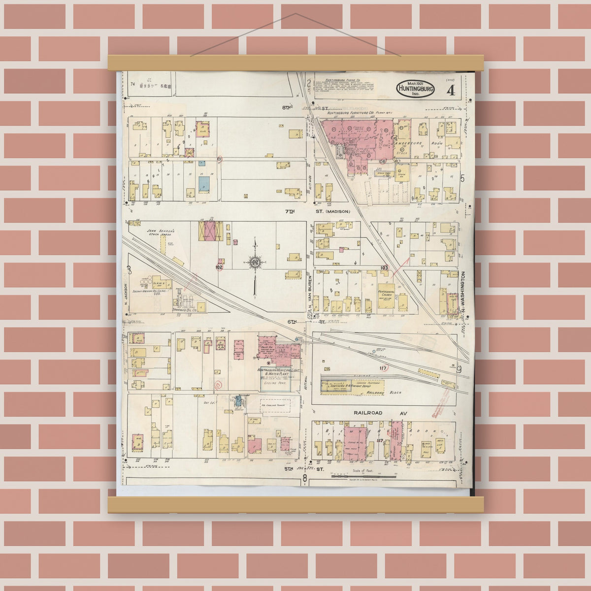 Old map wall art mockup — magnetic wood frame on brick wall — Sanborn Fire Insurance Map from Huntingburg, Dubois County, Indiana (1949), Sheet #0004