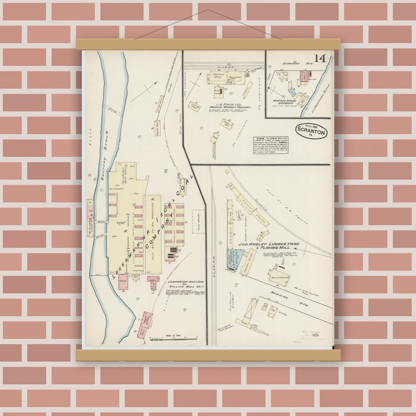 Old map wall art mockup — magnetic wood frame on brick wall — Sanborn Fire Insurance Map from Scranton, Lackawanna County, Pennsylvania (1884), Sheet #0014