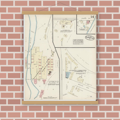 Old map wall art mockup — magnetic wood frame on brick wall — Sanborn Fire Insurance Map from Scranton, Lackawanna County, Pennsylvania (1884), Sheet #0014