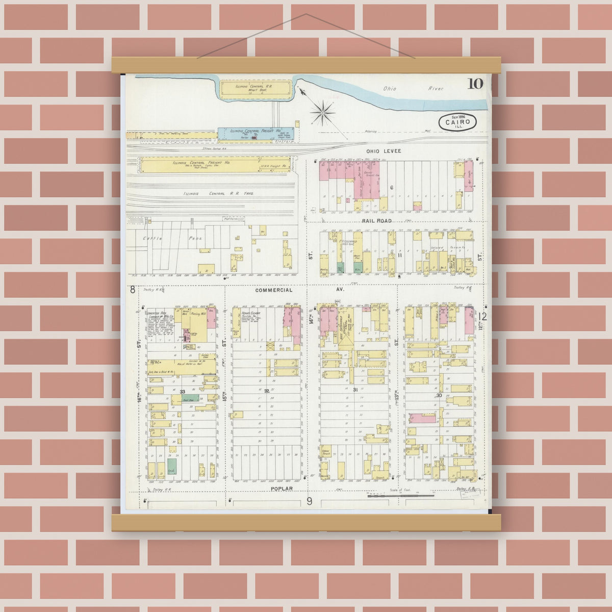 Old map wall art mockup — magnetic wood frame on brick wall — Sanborn Fire Insurance Map from Cairo, Alexander County, Illinois (1896), Sheet #0010