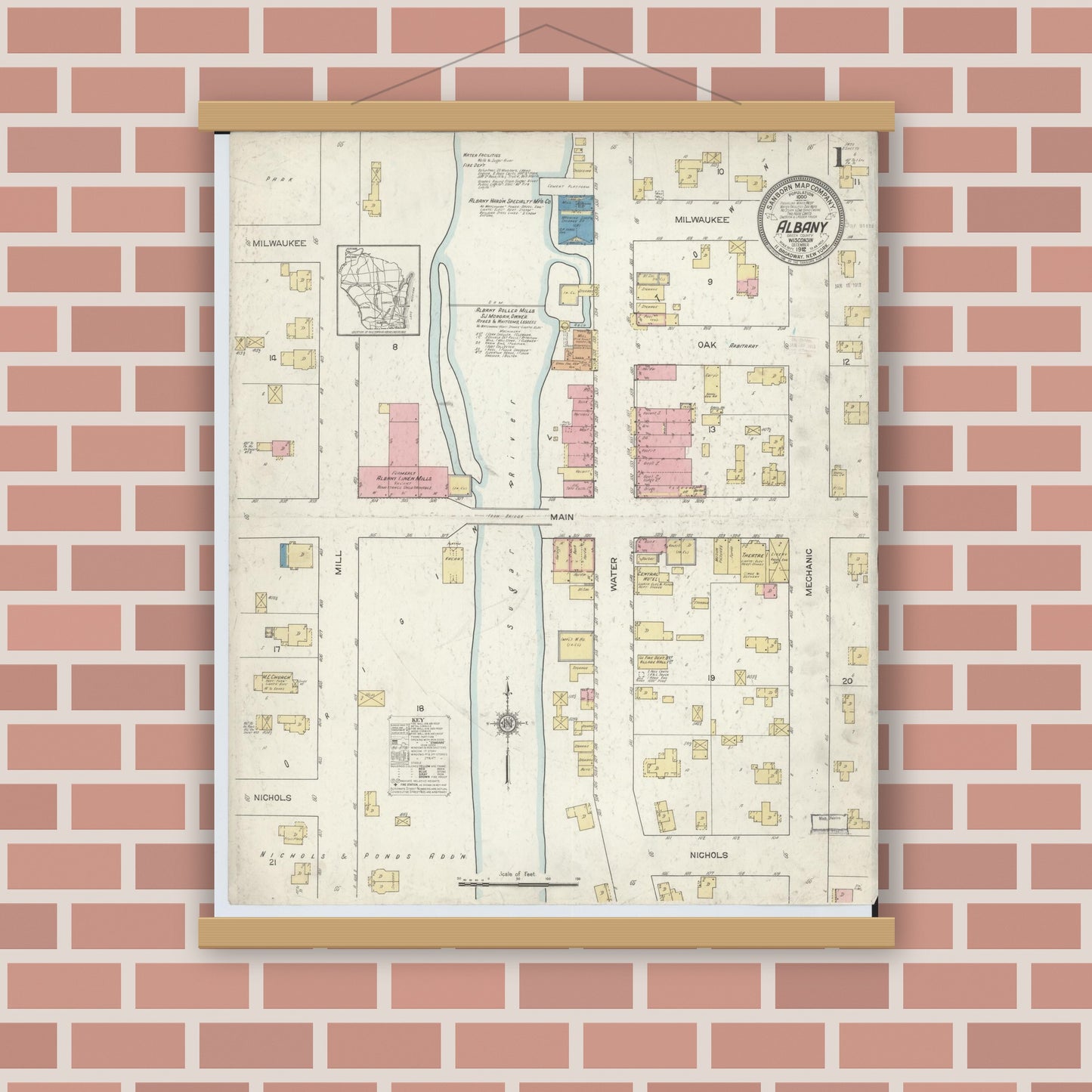 Old map wall art mockup — magnetic wood frame on brick wall — Sanborn Fire Insurance Map from Albany, Green County, Wisconsin (1912) - Complete Map Set
