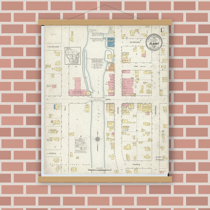Old map wall art mockup — magnetic wood frame on brick wall — Sanborn Fire Insurance Map from Albany, Green County, Wisconsin (1912) - Complete Map Set