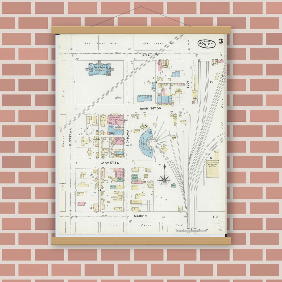 Old map wall art mockup — magnetic wood frame on brick wall — Sanborn Fire Insurance Map from Joliet, Will County, Illinois (1891), Sheet #0003