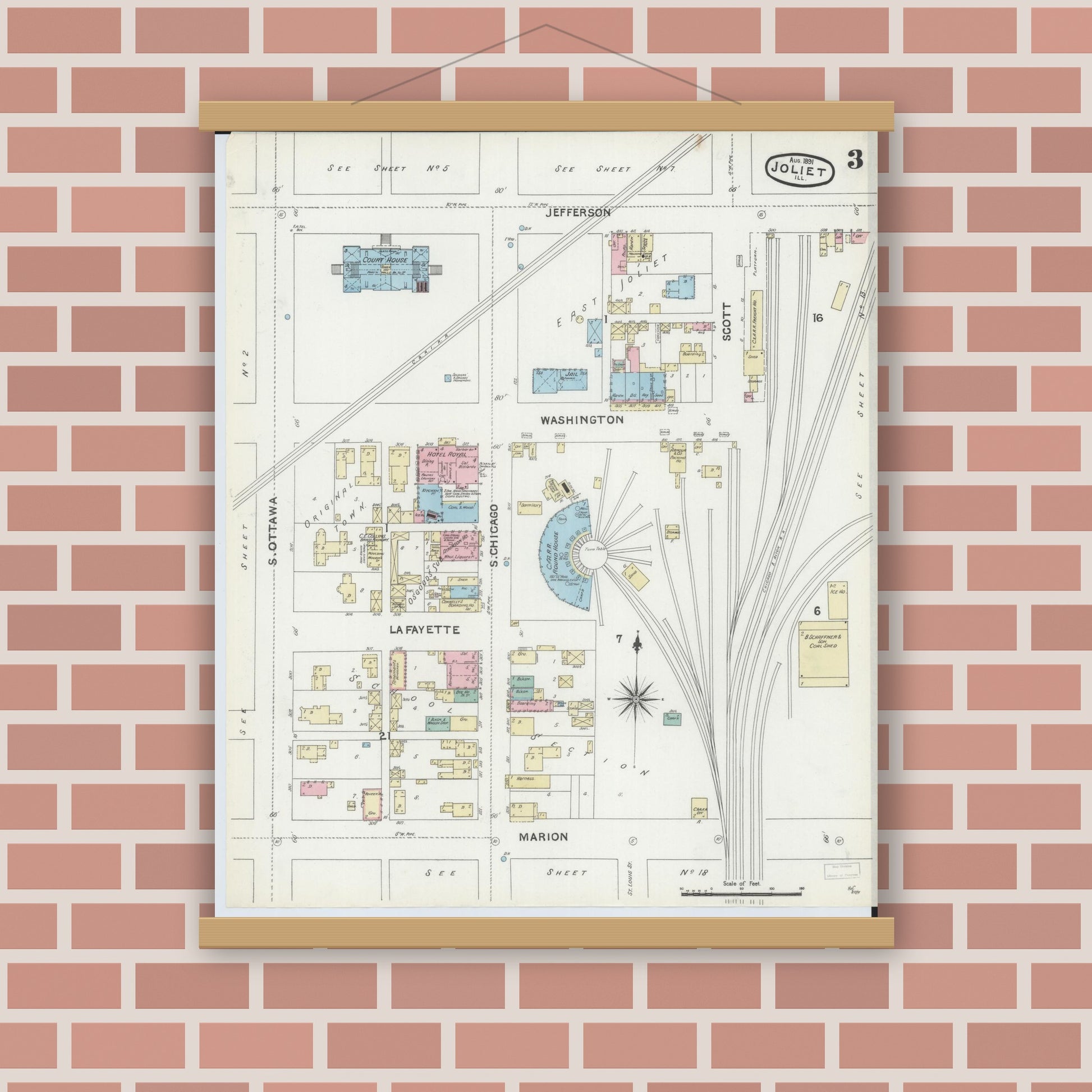 Old map wall art mockup — magnetic wood frame on brick wall — Sanborn Fire Insurance Map from Joliet, Will County, Illinois (1891), Sheet #0003