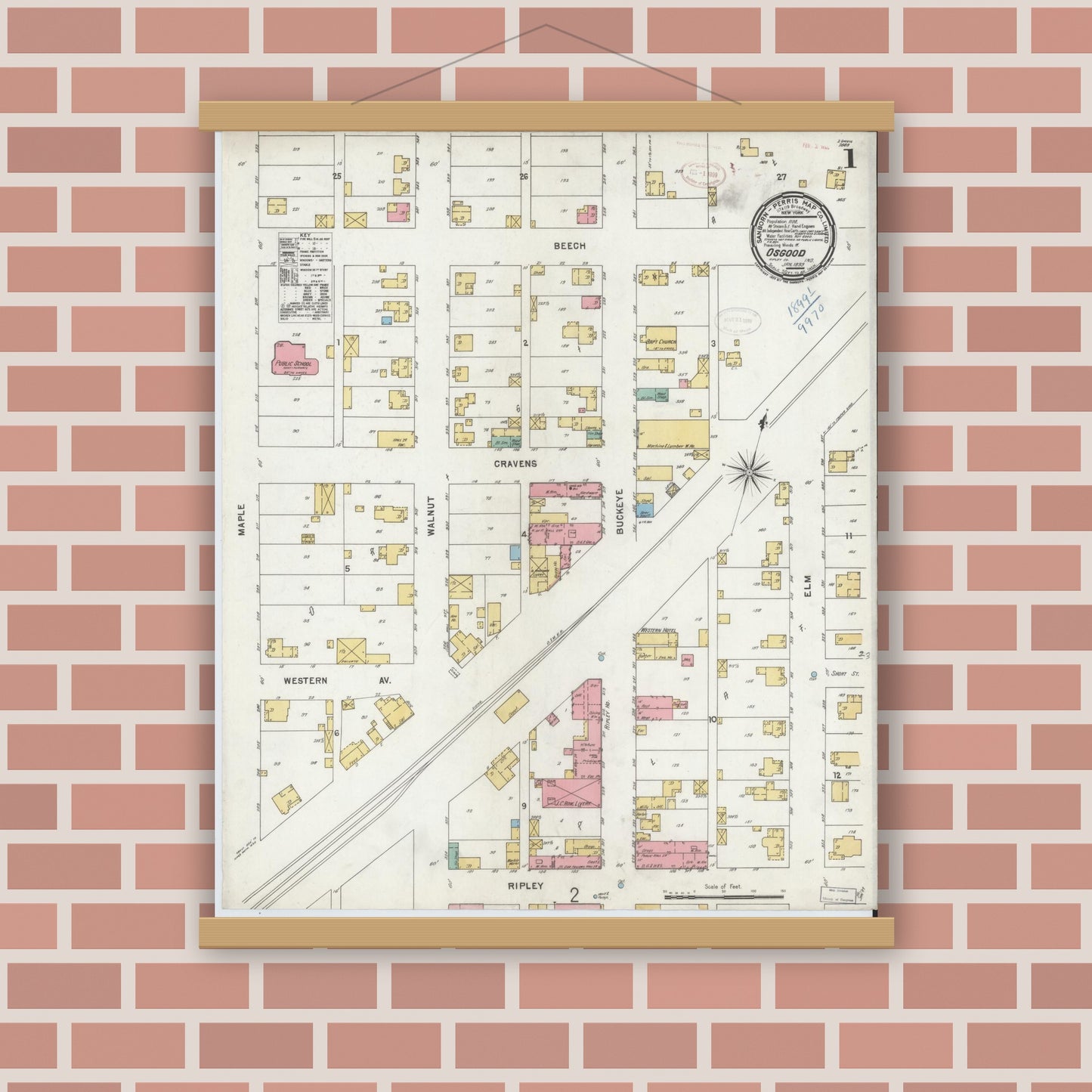 Old map wall art mockup — magnetic wood frame on brick wall — Sanborn Fire Insurance Map from Osgood, Ripley County, Indiana (1899) - Complete Map Set