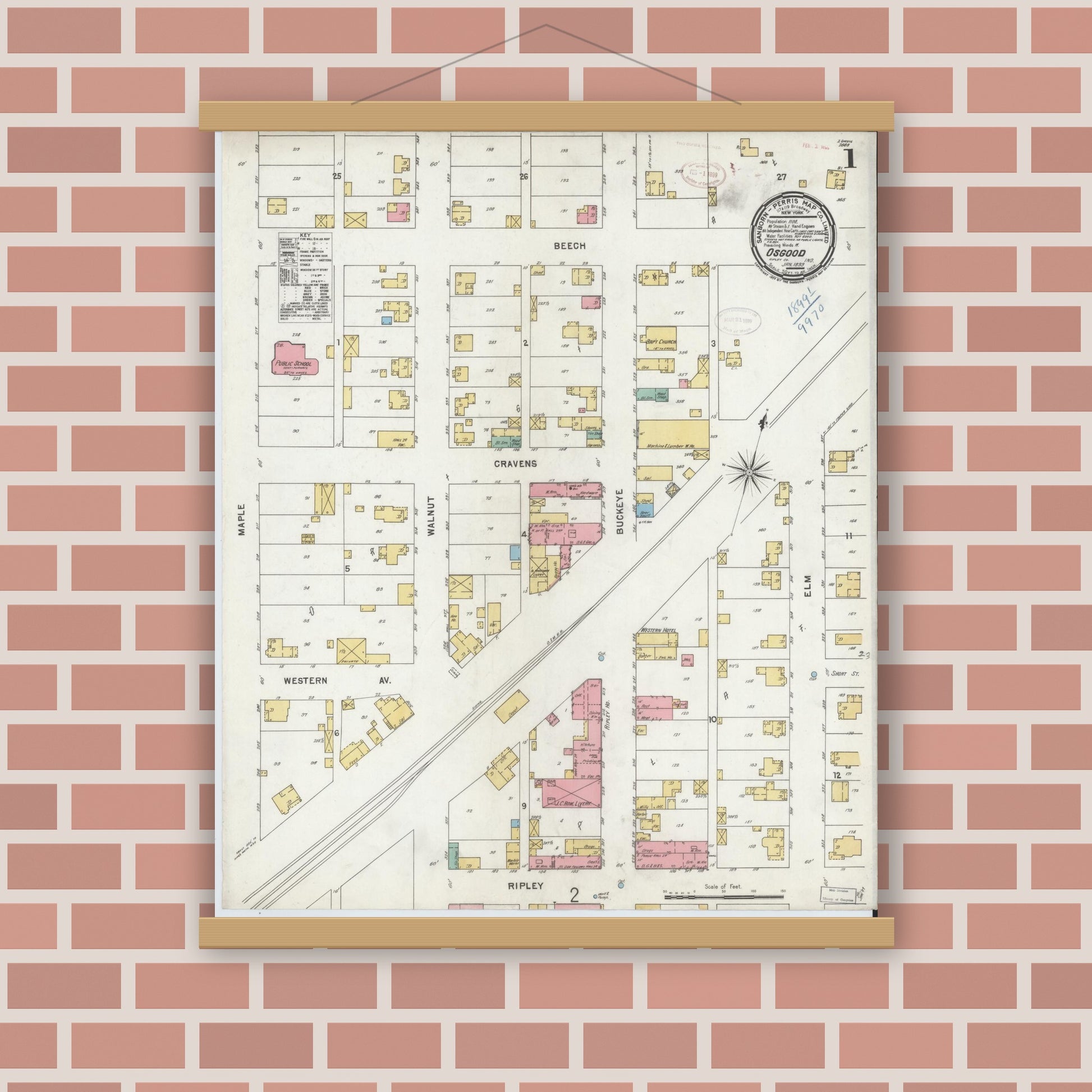 Old map wall art mockup — magnetic wood frame on brick wall — Sanborn Fire Insurance Map from Osgood, Ripley County, Indiana (1899) - Complete Map Set