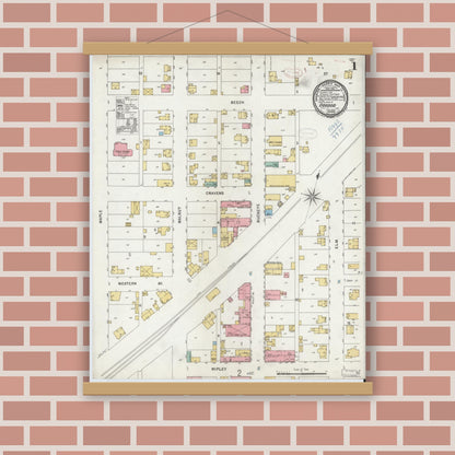 Old map wall art mockup — magnetic wood frame on brick wall — Sanborn Fire Insurance Map from Osgood, Ripley County, Indiana (1899) - Complete Map Set