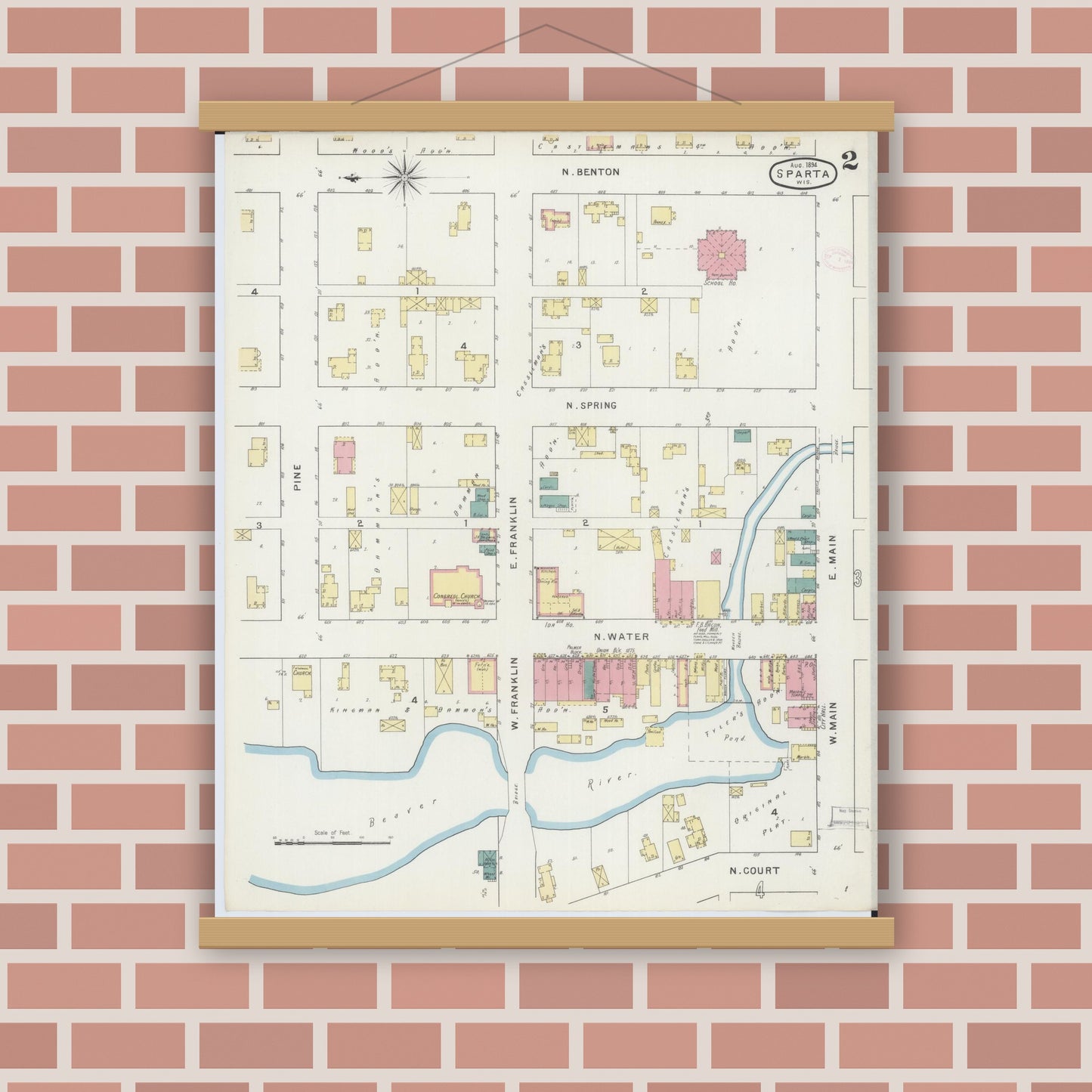 Old map wall art mockup — magnetic wood frame on brick wall — Sanborn Fire Insurance Map from Sparta, Monroe County, Wisconsin (1894), Sheet #0002