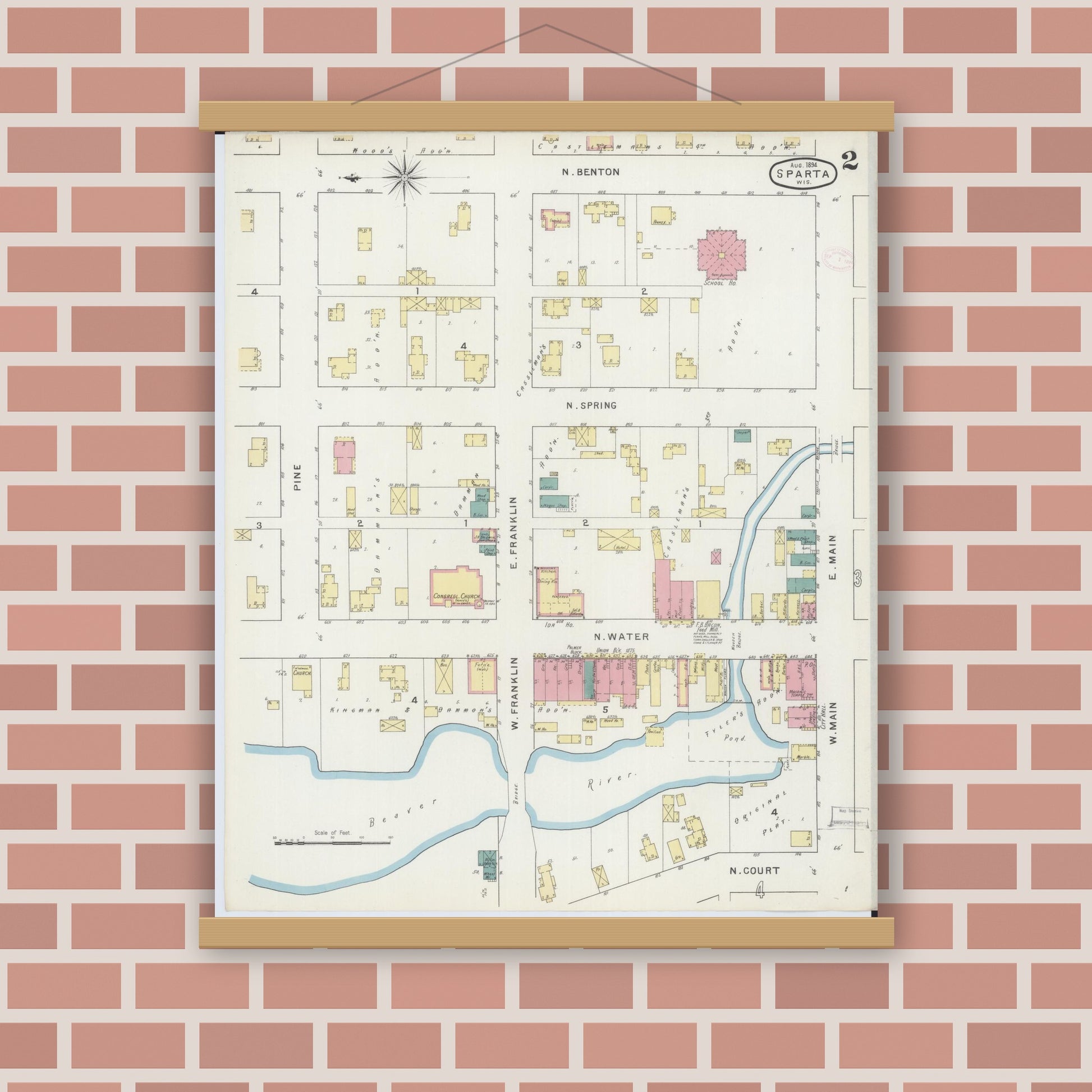 Old map wall art mockup — magnetic wood frame on brick wall — Sanborn Fire Insurance Map from Sparta, Monroe County, Wisconsin (1894), Sheet #0002